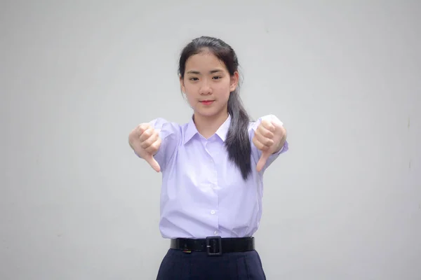 Portret Tajskiego Licealisty Mundur Piękna Dziewczyna Nie Lubi — Zdjęcie stockowe