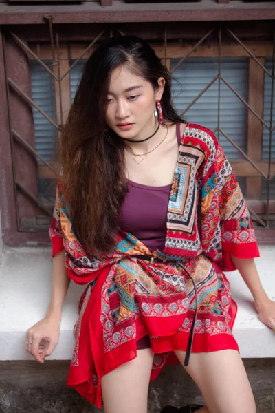 Portrait Thai China Adult Bohemian Girl Relax Smile — Stock Photo, Image
