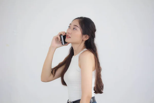 Retrato Tailandês China Adulto Linda Menina Branco Camisa Azul Jeans — Fotografia de Stock