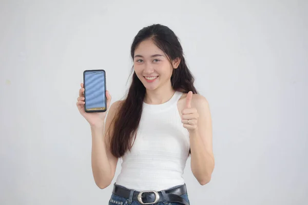 Portrait Thai China Adult Beautiful Girl White Shirt Blue Jeans — Stock Photo, Image