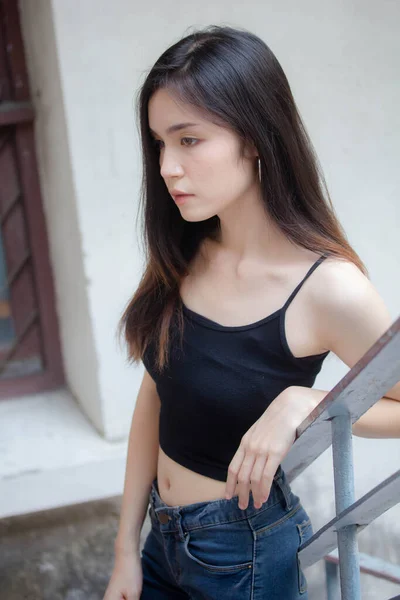 Portrait Von Thai China Adult Beautiful Girl Black Shirt Blue — Stockfoto