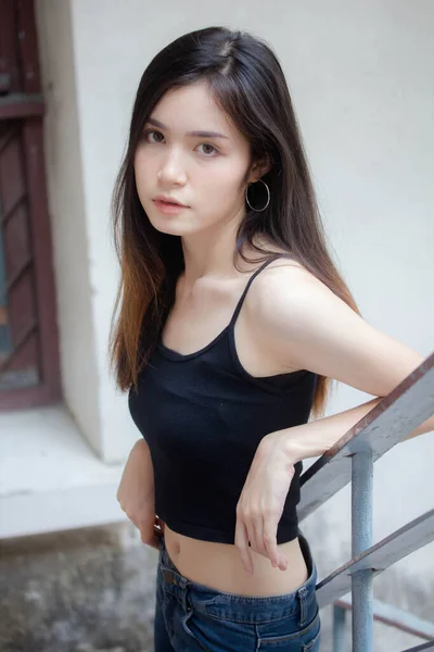 Portrait Thai China Adult Beautiful Girl Black Shirt Blue Jeans — Stock Photo, Image