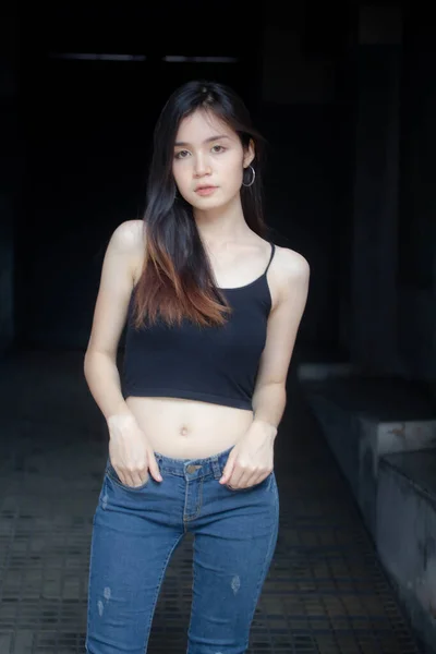 Portrait Thai China Adult Beautiful Girl Black Shirt Blue Jeans — Stock Photo, Image