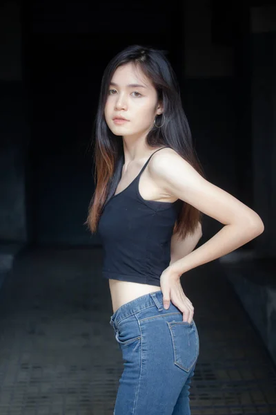 Portrait Thai China Adult Beautiful Girl Black Shirt Blue Jeans — Stock Photo, Image