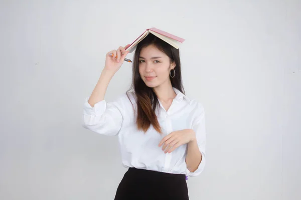 Bianco Camicia Rosso Lettura Libro Leggere Conoscenza Tenuta Adulto College — Foto Stock