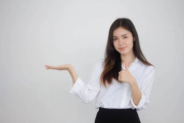 Retrato Tailandês Adulto Trabalhando Mulheres Branco Camisa Mostrar Mão — Fotografia de Stock