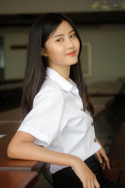 Portrait Thai Adult Student University Uniform Beautiful Girl Relax Smile — Stock Photo, Image