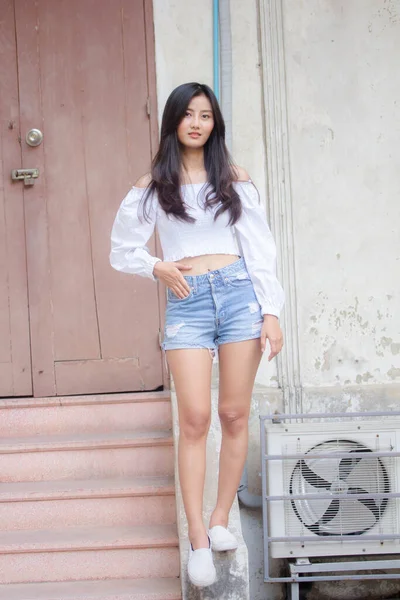 Portrait Thai Adult Beautiful Girl White Shirt Blue Jeans Relax — Stock Photo, Image