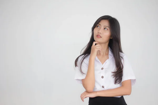 Retrato Tailandês Adulto Estudante Universidade Uniforme Bela Menina Pense — Fotografia de Stock