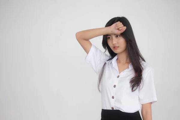 Portrait Thai Adult Student University Uniform Beautiful Girl Think — Stock Photo, Image