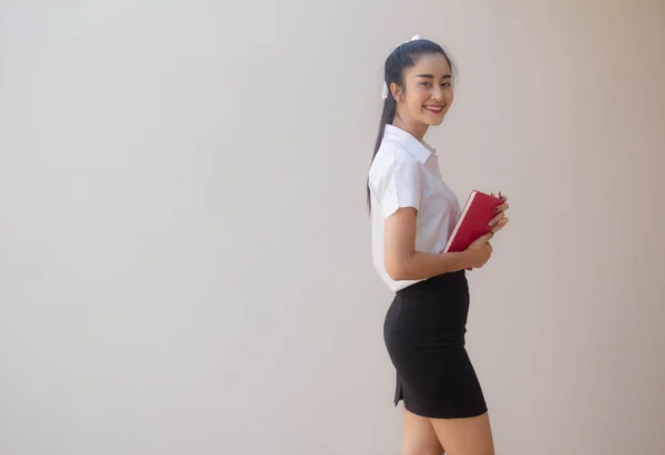 Retrato Tailandês Adulto Estudante Universidade Uniforme Bela Menina Ler Livro — Fotografia de Stock