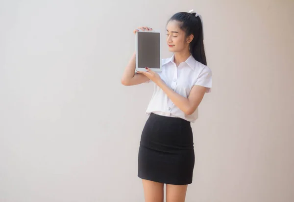 Portrait Thai Adult Student University Uniform Beautiful Girl Show Her — Stok fotoğraf