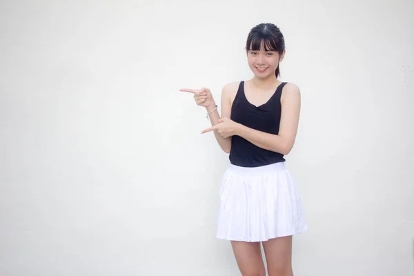 Portrait Thai Adult Beautiful Girl Black Shirt White Skirt Pointing — Stock Photo, Image