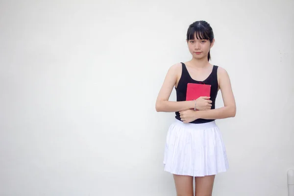 Retrato Tailandês Adulto Linda Menina Camisa Preta Saia Branca Livro — Fotografia de Stock