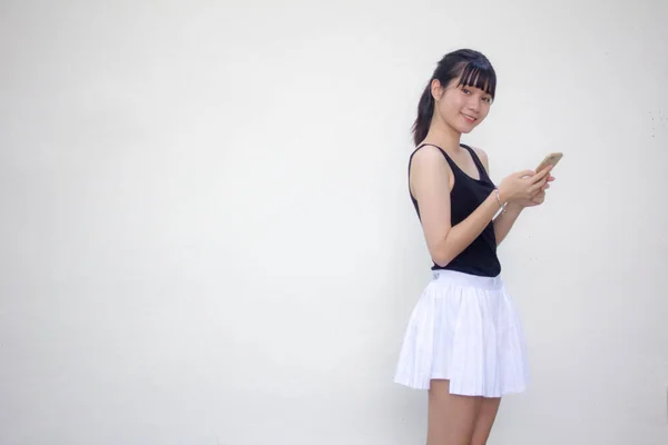 Retrato Tailandês Adulto Linda Menina Camisa Preta Saia Branca Usando — Fotografia de Stock