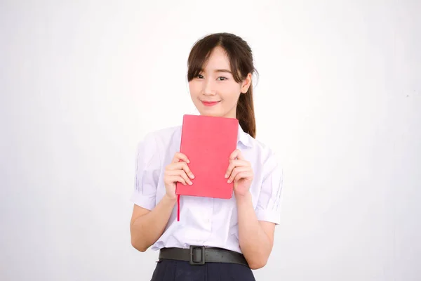 Ásia Tailandês Estudante Ensino Médio Uniforme Bela Menina Ler Livro — Fotografia de Stock