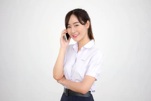 Retrato Tailandés Estudiante Secundaria Uniforme Adolescente Hermosa Chica Llamando Teléfono —  Fotos de Stock