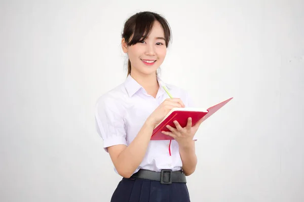 Ásia Tailandês Estudante Ensino Médio Uniforme Bela Menina Ler Livro — Fotografia de Stock