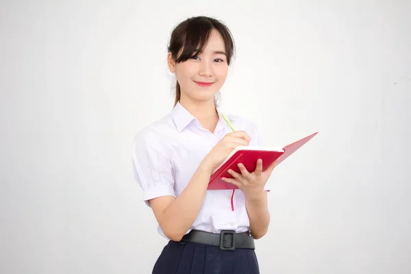 Asia Thajská Střední Škola Student Uniforma Krásná Dívka Číst Knihu — Stock fotografie