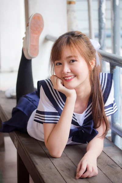 Porträtt Thai Tonåring Vacker Flicka Japansk Student Uniform Glad Och — Stockfoto