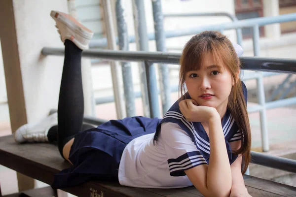 Portrait Thai Teen Beautiful Girl Japanese Student Uniform Happy Relax — Stok Foto