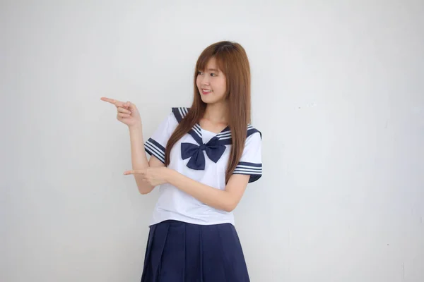 Portrait Thai Teen Beautiful Girl Japanese Student Uniform Pointing — Stock Photo, Image