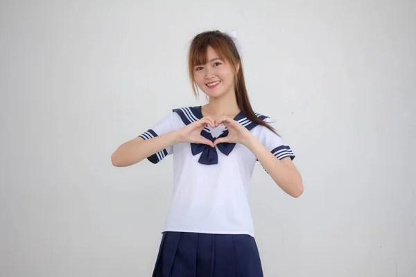 Portrait Thai Teen Beautiful Girl Japanese Student Uniform Give Heart — Stock Photo, Image