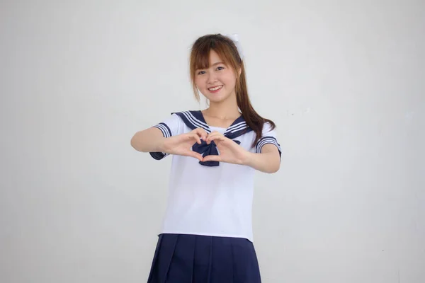 Portrait Thai Teen Beautiful Girl Japanese Student Uniform Give Heart — Stock Photo, Image