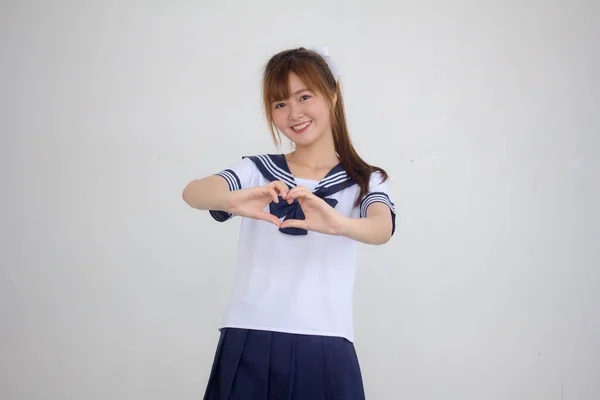 Portrét Thajské Teen Krásná Dívka Japonské Studentské Uniformě Dát Srdce — Stock fotografie