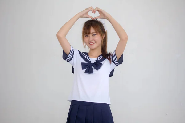 Portrait Thai Teen Beautiful Girl Japanese Student Uniform Give Heart — Stock Photo, Image