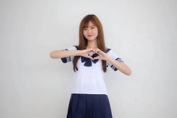 Portrait Thai Teen Beautiful Girl Japanese Student Uniform Give Heart — Stock Photo, Image