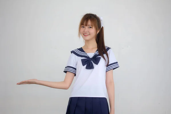 Retrato Tailandés Adolescente Hermosa Chica Japonés Estudiante Uniforme Espectáculo Mano — Foto de Stock