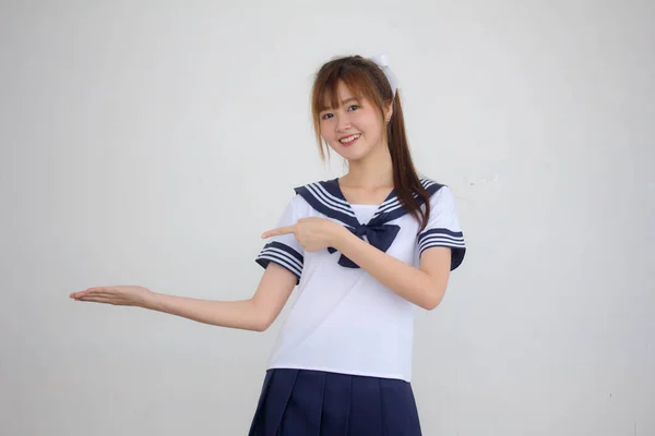 Portrait Thai Teen Beautiful Girl Japanese Student Uniform Show Hand — Stock Photo, Image