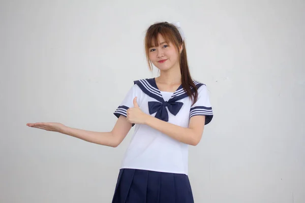 Retrato Tailandês Adolescente Linda Menina Japonês Estudante Uniforme Mostrar Mão — Fotografia de Stock