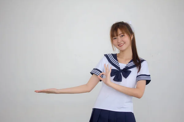 Portrait Thai Teen Beautiful Girl Japanese Student Uniform Show Hand — Stock Photo, Image