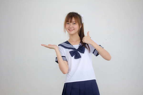 Retrato Tailandés Adolescente Hermosa Chica Japonés Estudiante Uniforme Espectáculo Mano — Foto de Stock