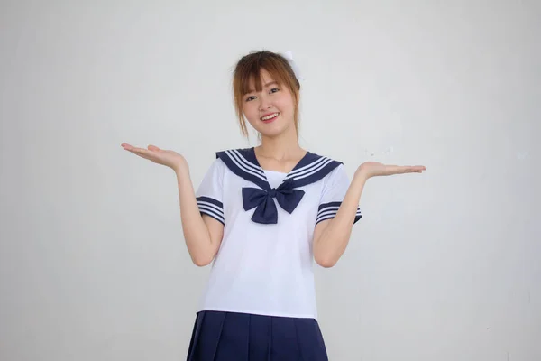 Portrait Thai Teen Beautiful Girl Japanese Student Uniform Show Hand — Stock Photo, Image