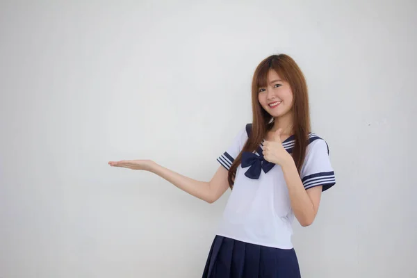 Retrato Tailandês Adolescente Linda Menina Japonês Estudante Uniforme Mostrar Mão — Fotografia de Stock