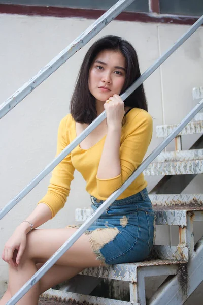 Portrait Thai Jeans Skirt Yellow Shirt Adult Beautiful Girl Relax — Stock Photo, Image