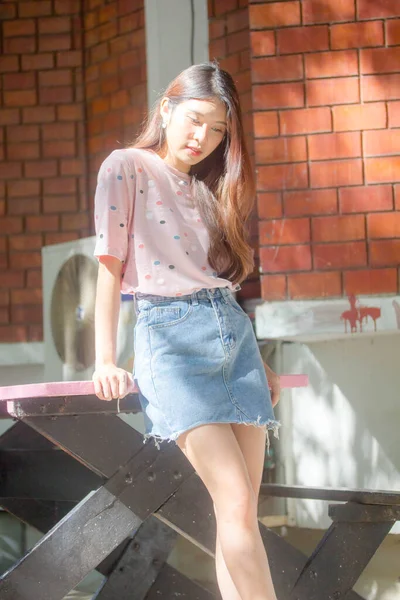 Portrait Thai Adult Beautiful Girl Pink Shirt Blue Jeans Relax — Stock Photo, Image