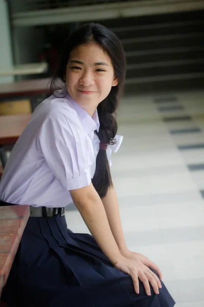 Porträtt Thai Gymnasiet Student Uniform Tonåring Vacker Flicka Glad Och — Stockfoto
