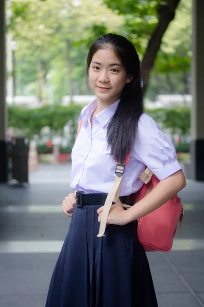 Ritratto Tailandese Scuola Superiore Studente Uniforme Giovanissima Bella Ragazza Felice — Foto Stock