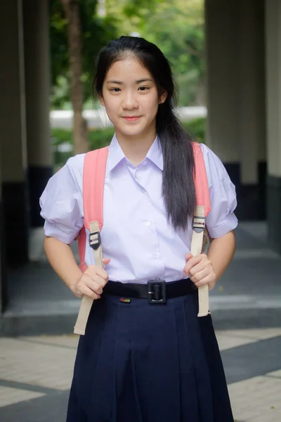 Ritratto Tailandese Scuola Superiore Studente Uniforme Giovanissima Bella Ragazza Felice — Foto Stock