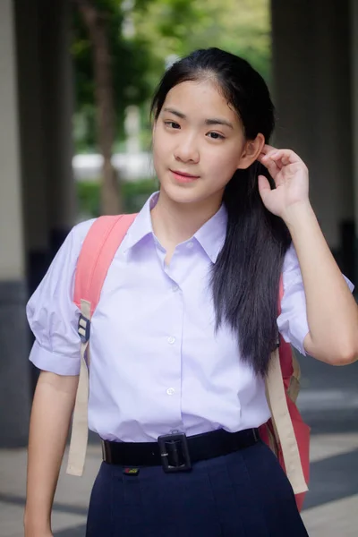 Portrait Thai Lycéen Uniforme Adolescent Belle Fille Heureux Détendre — Photo