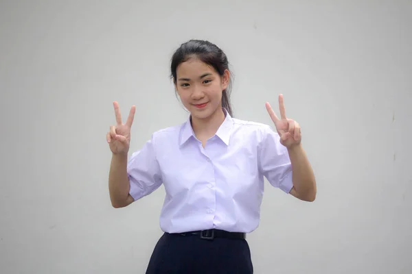 Porträt Der Thailändischen High School Studentin Uniform Schöne Mädchen Sieg — Stockfoto