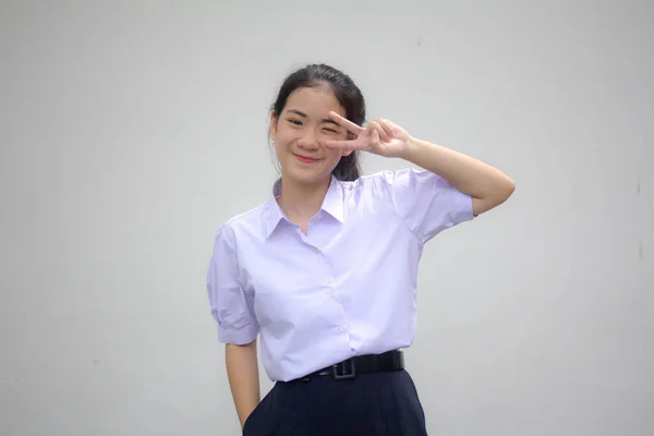 Portrét Thajské Střední Školy Studentské Uniformy Krásné Dívčí Vítězství — Stock fotografie