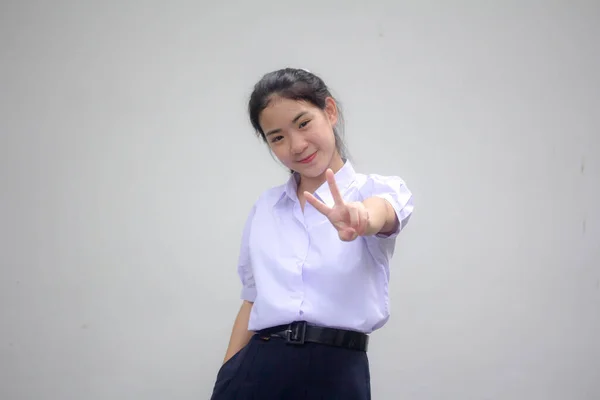 Retrato Tailandês Estudante Ensino Médio Uniforme Bela Vitória Menina — Fotografia de Stock