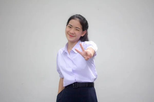 Ritratto Tailandese Scuola Superiore Studente Uniforme Bella Ragazza Vittoria — Foto Stock