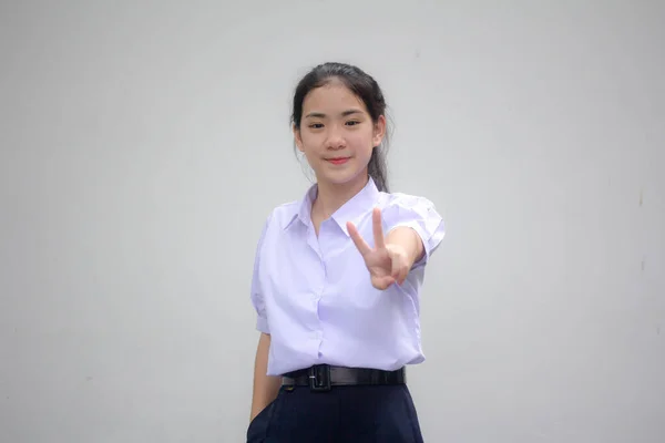 Retrato Tailandês Estudante Ensino Médio Uniforme Bela Vitória Menina — Fotografia de Stock