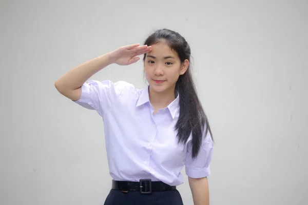 Retrato Tailandês Estudante Ensino Médio Uniforme Adolescente Linda Menina Feliz — Fotografia de Stock